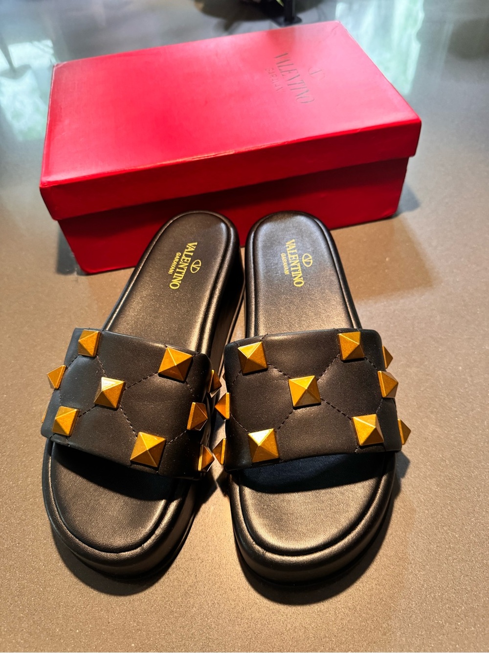 Valentino Black Leather Slide Sandals with Gold Studs